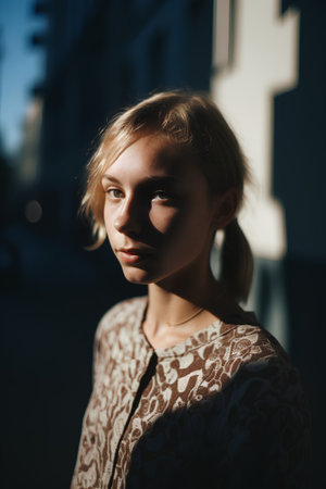 Portrait of a beautiful young girl with blond hair in the cityの素材