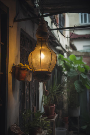 Vintage lamp hanging on the wall in the street, vintage styleの素材