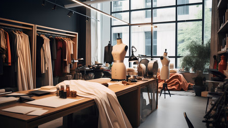 Sewing and tailoring shop interior with mannequins and cloths.の素材