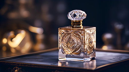 Perfume bottle on a dark background. Close-up.の素材