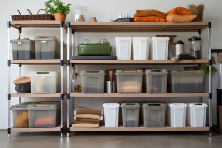 Wooden shelves with different garbage in the kitchen. 3d renderingの素材
