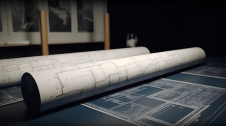 Architectural plans of a modern office with blueprints on the tableの素材