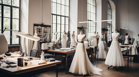 Wedding dress on a mannequin in a tailor shopの素材