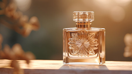 Perfume bottle on wooden table with bokeh background.の素材
