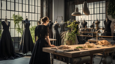 Fashion designer woman working on new collection of clothes in her studioの素材