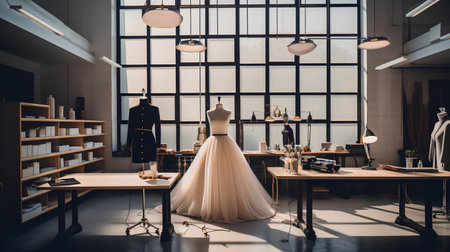 Fashion designer workshop interior with dress on mannequin and accessories.の素材