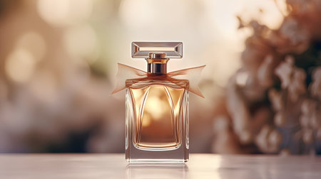 Perfume bottle on the table in front of blurred background.の素材