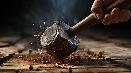 Hammer hitting a piece of wood with a wooden handle on a dark backgroundの素材