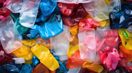 Colorful plastic bags as background, top view, copy space.の素材