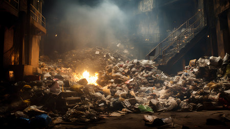 Garbage dump in the city at night with a fire and smokeの素材