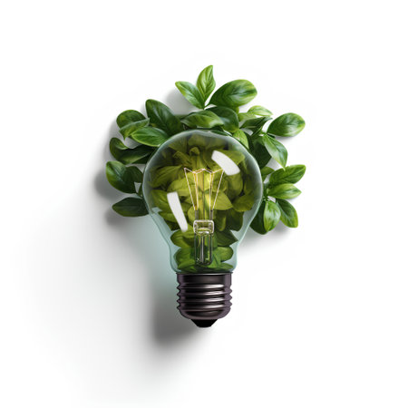 Idea concept with green plant inside of light bulb on white backgroundの素材