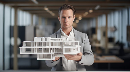 Architect holding model of house in office. Real estate concept.の素材
