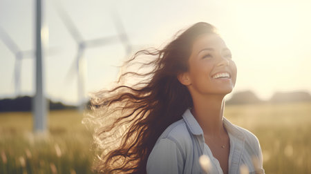 Portrait of a happy young woman in wheat field with wind turbinesの素材