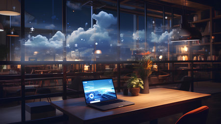 Workplace with laptop and cloud computing concept. 3D Renderingの素材