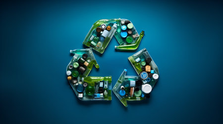 Recycling symbol made of garbage isolated on blue background. 3d illustrationの素材