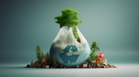 Conceptual image of environmental conservation and sustainable development. Earth planet in plastic bag with green treeの素材