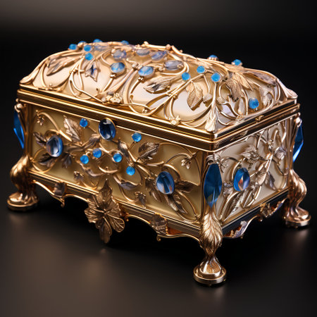 Golden casket with jewels on a black background. 3d illustrationの素材