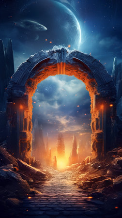Fantasy landscape with ruins and door. 3d illustration. Elements of this image furnished by NASAの素材