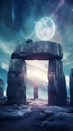 Stonehenge in the sky with full moon. 3d renderの素材