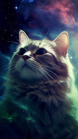 Portrait of a Maine Coon cat in a cosmic space.の素材