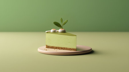 Green tea cake with green leaves. 3d illustration. Minimal design.の素材