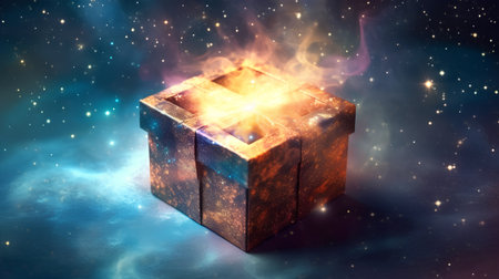 Gift box in the night sky with stars. 3D renderingの素材