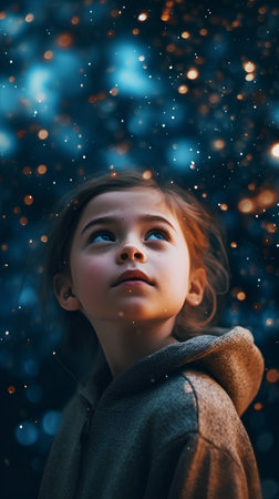 Portrait of a little girl in a brown coat on a background of a winter forest.の素材