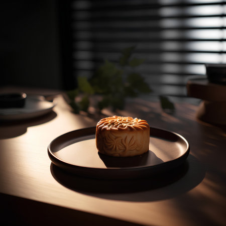Mooncake on a plate in the morning light. Selective focus.の素材