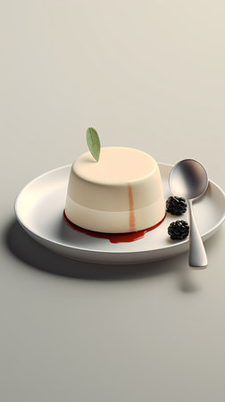 Panna cotta with mint leaf on a plate. 3D renderingの素材