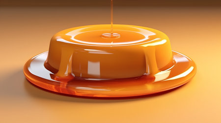 Pouring caramel sauce on orange background. 3d render illustration.の素材