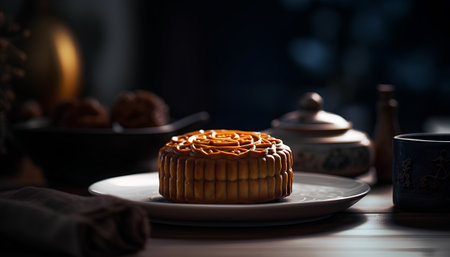 Cupcake with pumpkin glaze on wooden table. Selective focus.の素材