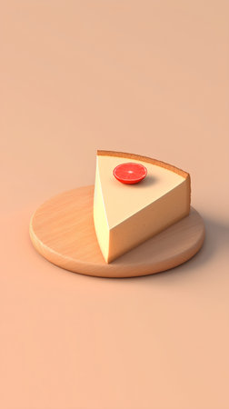 3d rendering of a piece of cheesecake on a round wooden boardの素材