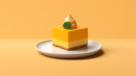 3d render of orange cheesecake with green leaf on top.の素材