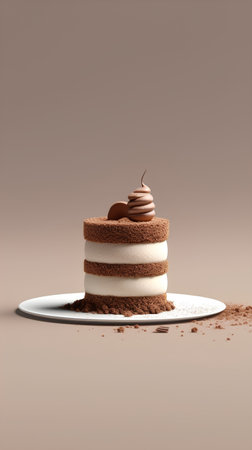3d rendering of a chocolate cake on a plate with cocoa powderの素材