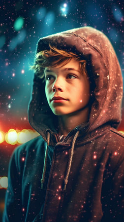 Portrait of a boy in a hooded sweatshirt on a background of night city lights.の素材