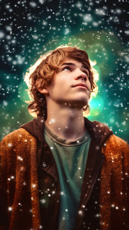 Handsome young man in a warm sweater and scarf. Snowfall.の素材