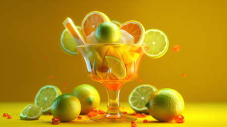 Cocktail with lime and orange on yellow background. 3d illustrationの素材