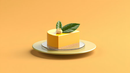 3d render of yellow cake with green leaf isolated on orange backgroundの素材