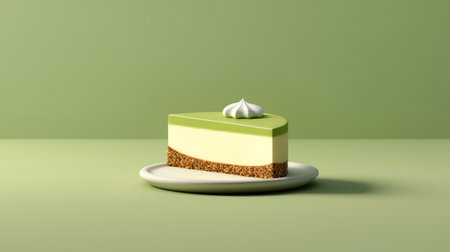 3d render of a piece of cake with cream on a green backgroundの素材