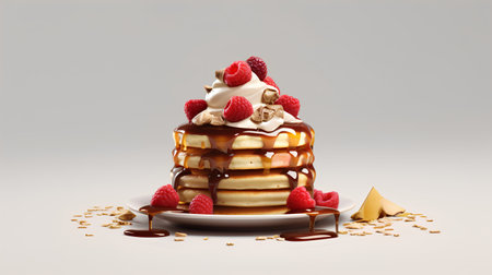 Pancakes with raspberries and chocolate sauce. 3d illustrationの素材