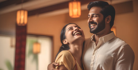 Portrait of a happy indian couple embracing each other in the roomの素材