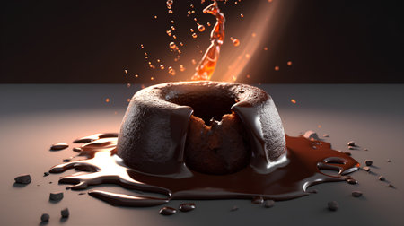 Chocolate pudding splashing out of a cup. 3d renderingの素材
