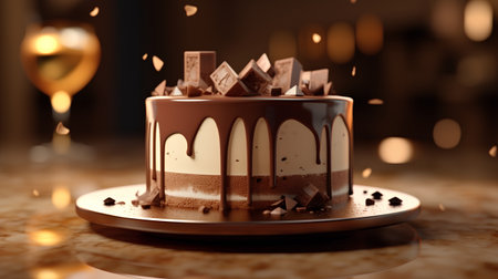 Chocolate cake with chocolate glaze and chocolate pieces on a brown backgroundの素材