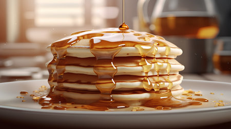 Pancakes with honey and maple syrup. 3d rendering.の素材