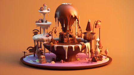 3d rendering of a cake with chocolate glaze on orange backgroundの素材