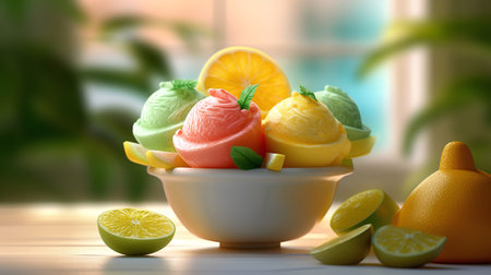 Colorful ice cream in a bowl with lemons and limesの素材