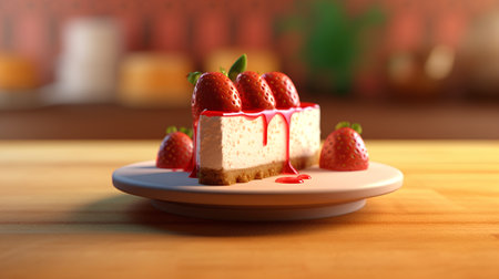 Piece of cake with strawberry on a plate. 3d renderingの素材