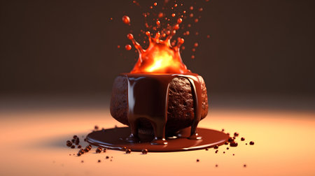 Chocolate cake with a splash of melted chocolate. 3d renderingの素材