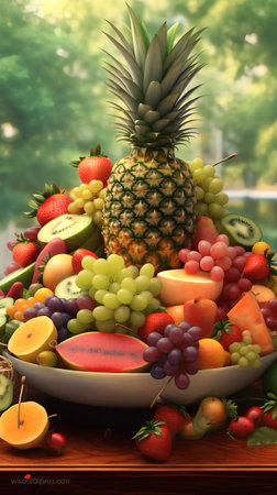 Fruit platter with fresh fruits on wooden table, 3d render