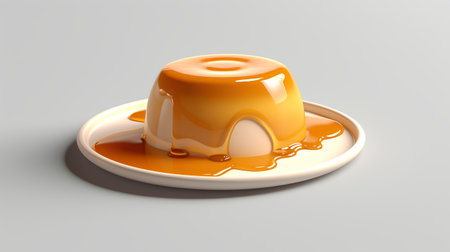 Caramel pudding isolated on gray background. 3d render illustration.の素材